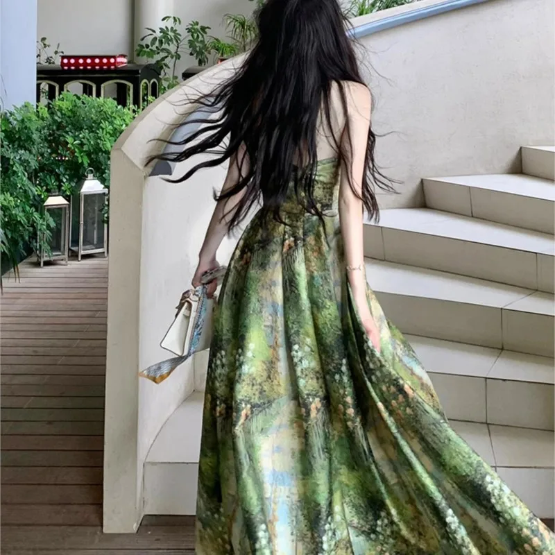 New Women's Tea Break Vacation Style Elegant Green Oil Painting Tube Top Dress