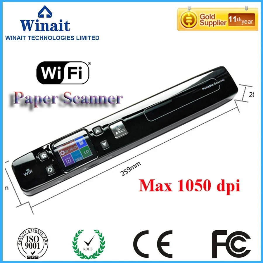 Scanner digitale portatile WiFi wireless 1050 DPI Handyscan Document Photo Ricevute Libri USB Stock Penna LED Nero Strumento CMOS a 32 bit