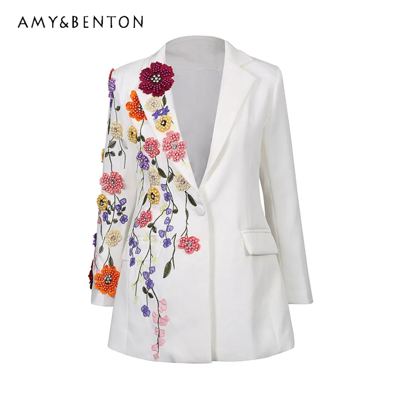 

2026 New Women's Blazer European American Design Fashion 2D Flower Embroidery Temperament Slimming Versatile Suit Jackets Ladies