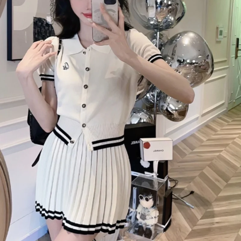 Women\'s Summer New Polo Neck Knitted Set Skirt Fashion Academy Style Button Top High Waist Pleated Short Skirt 2-piece Set Skirt