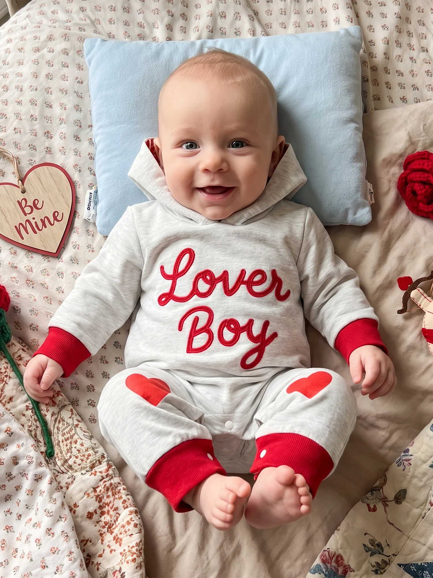 Jumpsuit Boy Valentine S Day Romper Long Hooded Heart Print Sleeve Heart Print Valentine-S Sleeve Heart