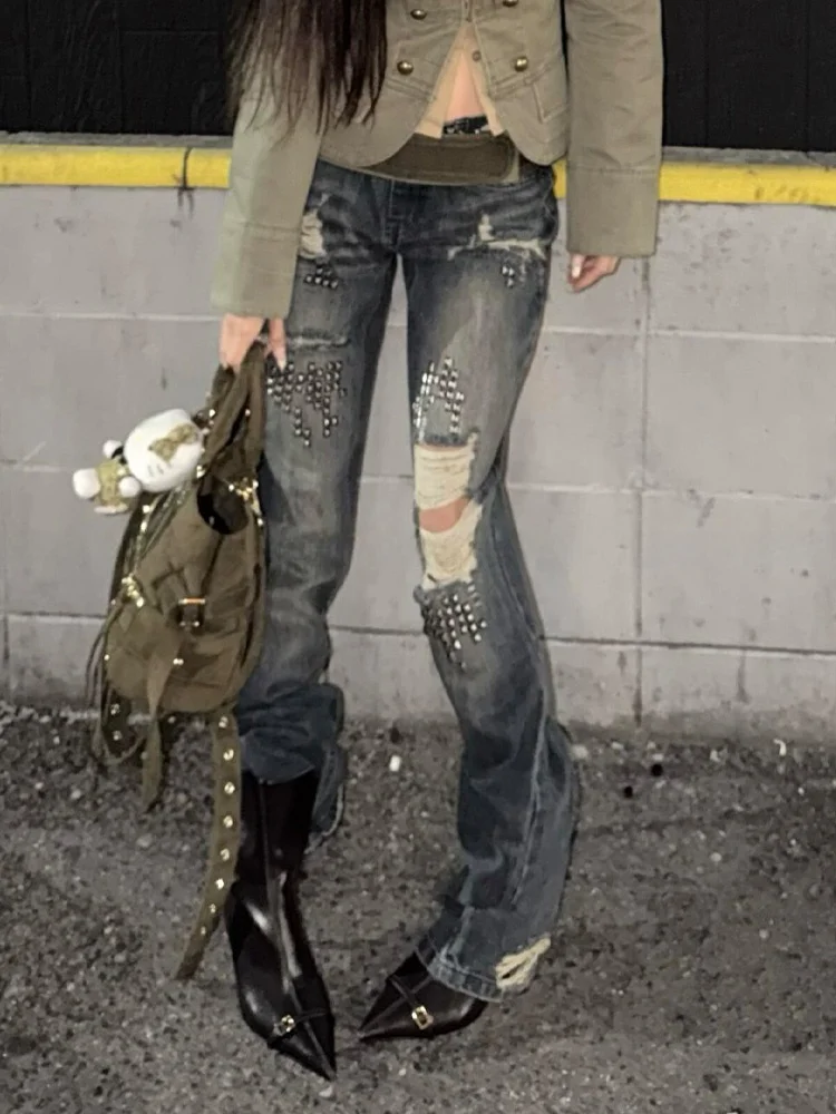 

American Style Spicy Girl Ripped Rivet Splicing Jeans Women Summer New Retro Distressed Loose Slimming Floor-Length Pants