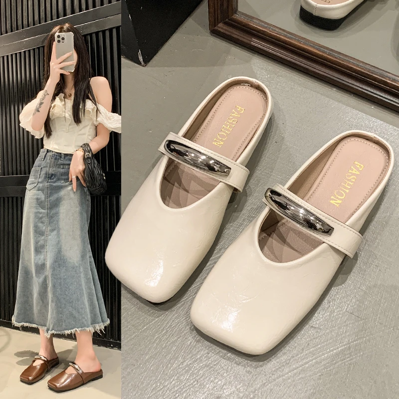 

Весна 2024, новинка, художественный стиль, плоская подошва, одно слово, ремень, круглая голова, ретро-стиль, тапочки с неглубоким горлышком Женская Обувь