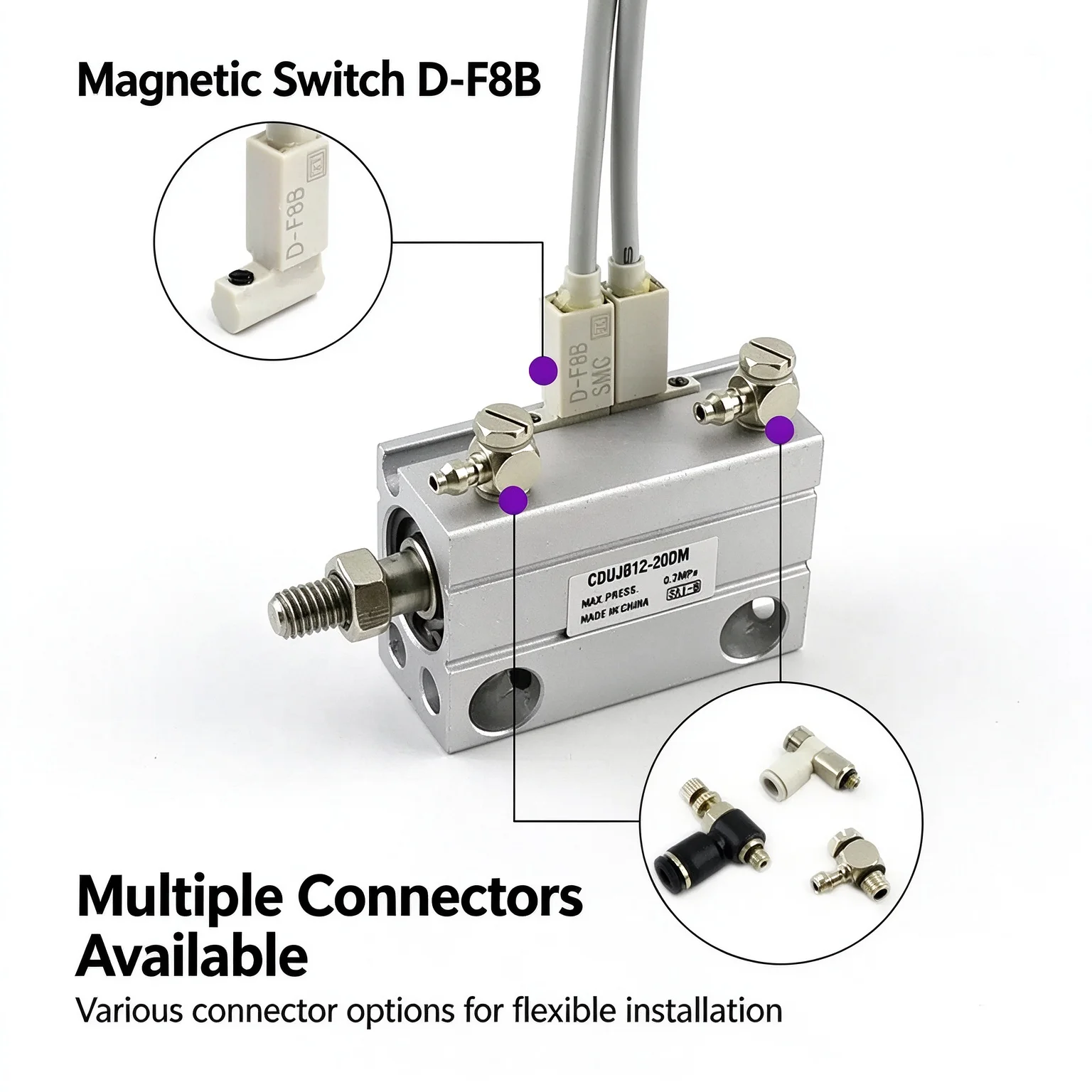 Pneumatic Cylinder with Magnet Double Acting Strokes 5-50mm CDUJB Series Free Mounting Options 4-20mm for Industrial Use