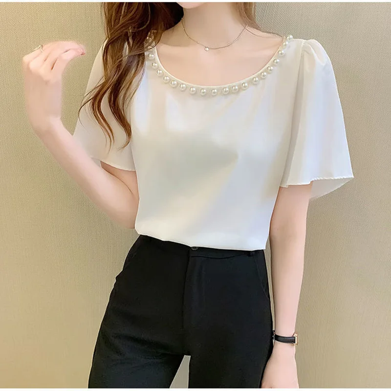 Elegant Solid Color Beading Oversized Puff Sleeve Chiffon Blouse Summer Casual Pullovers Loose Commute Women\'s Clothing Shirt