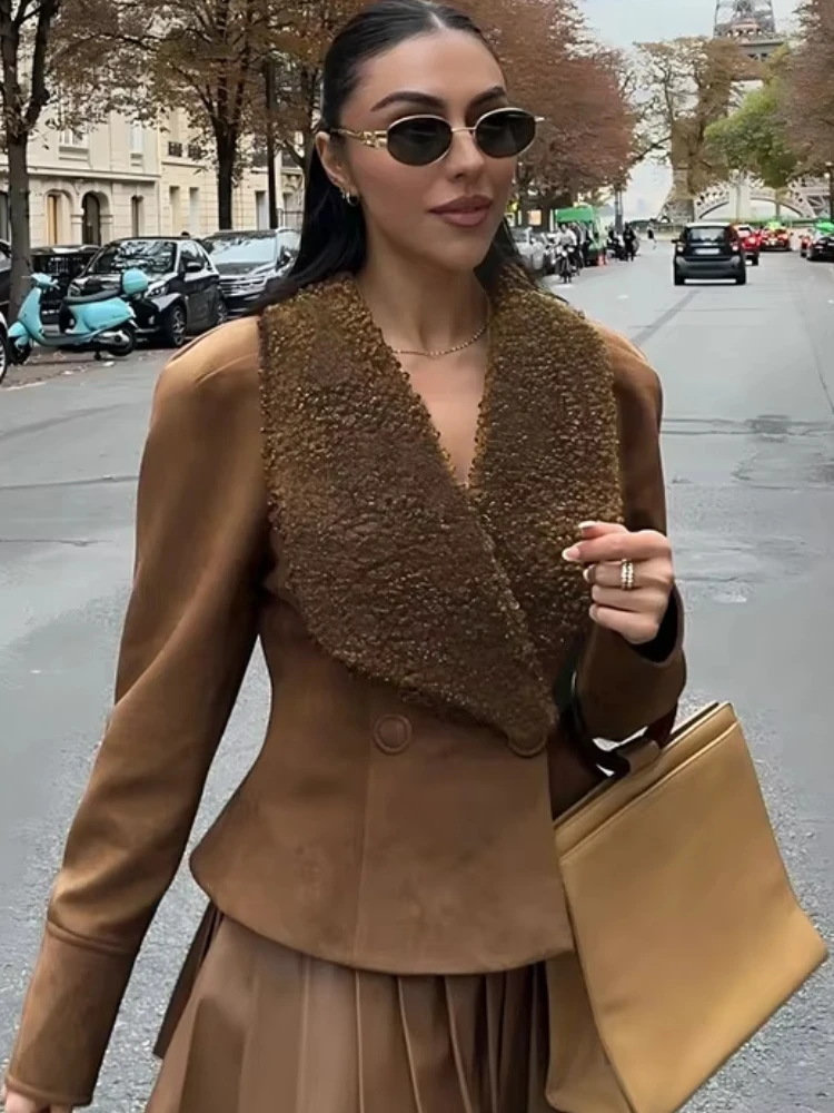 

Whatiwear офисное укороченное пальто женское лоскутное двубортное пальто с флисовым воротником на одной пуговице с длинным рукавом осенняя элегантная уличная одежда