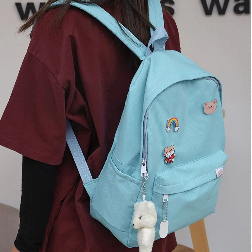 Mochila de ombro duplo impermeável, Multi bolso lazer saco escolar com pingente dos desenhos animados, estético moda casual sacos para estudantes