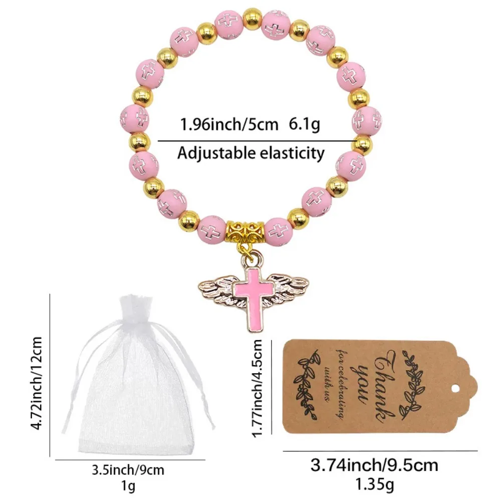 6-24 Sets Cross Angel Wing Beaded Bracelet Elastic with Organza Bag Thank You Tag, Baptism Religious Party Favor Souvenir Gift