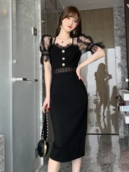 Women's Clothing Sweet Elegant Black Dress Ladies Sexy Sheer Lace Mesh Hollow Bodycon Midi Robe Party Banquet Date Vestidos Lady