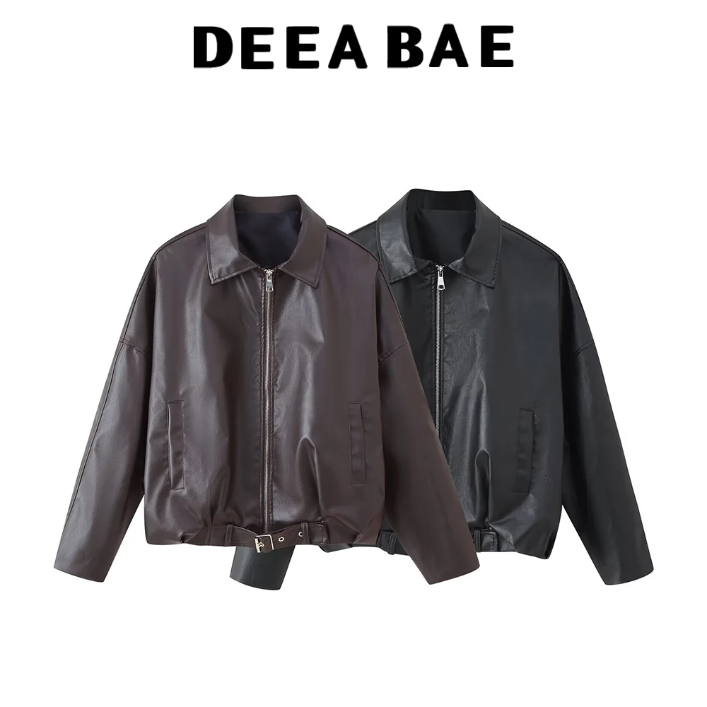 

DEEABAE 2025 новая осенне-зимняя винтажная кожаная куртка Майяра, женская высококачественная свободная повседневная куртка, короткий топ