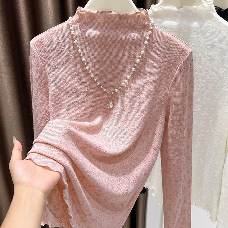 Elegant and Exquisite Jacquard Lace Bottoming Shirt for Women Elegant Suspender Skirt and Half Turtleneck Top with Earrings