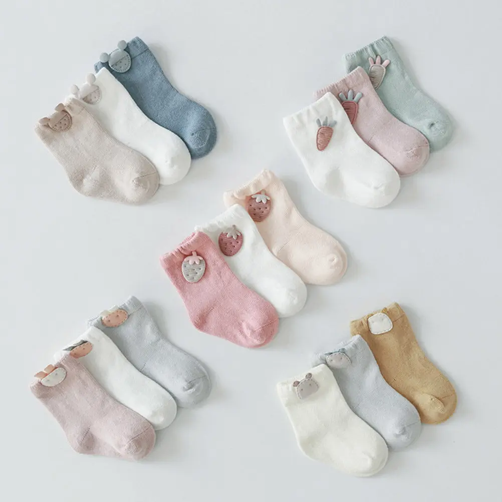 3Pair Baby Socks Cotton Cartoon Breathable Soft Non Slip Elastic Spring Autumn Newborn Socks Radish Size S 6-12 Months