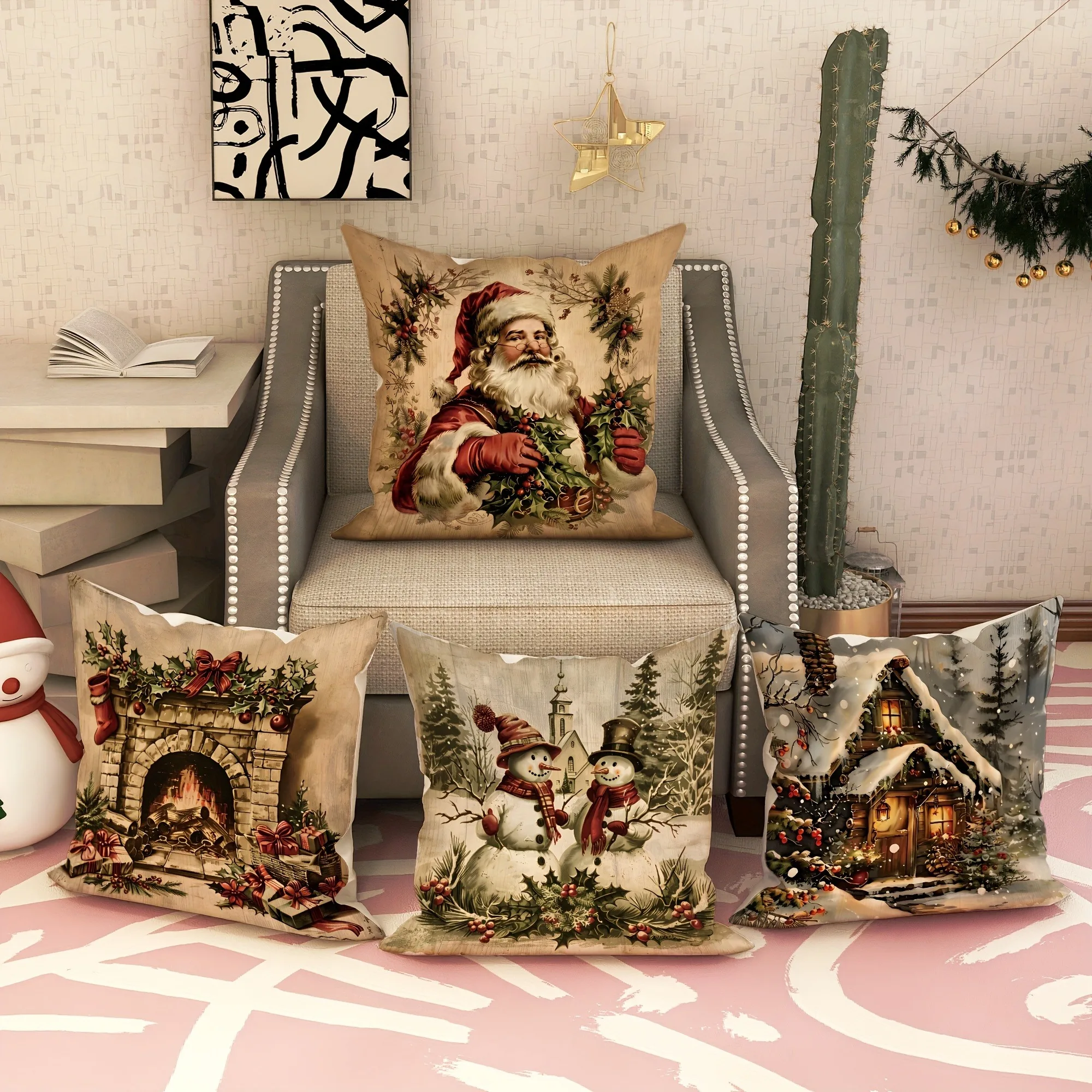 Christmas decoration pillow cover retro Santa Claus Snowman pattern living room sofa cushion cover home farmhouse decoration