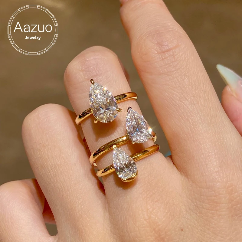 Aazuo 18K Lab Diamonds Jewerly Solid Yellow Gold Classic Water Drop Engagement Rings Upscale Trendy Senior Party Fine Jewelry
