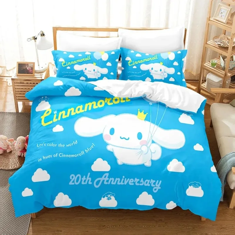

Горячий комплект постельного белья Sanrio Cinnamoroll с героями мультфильмов, полиэстер с красочным принтом, простыня для общежития, пододеяльник, домашний текстиль