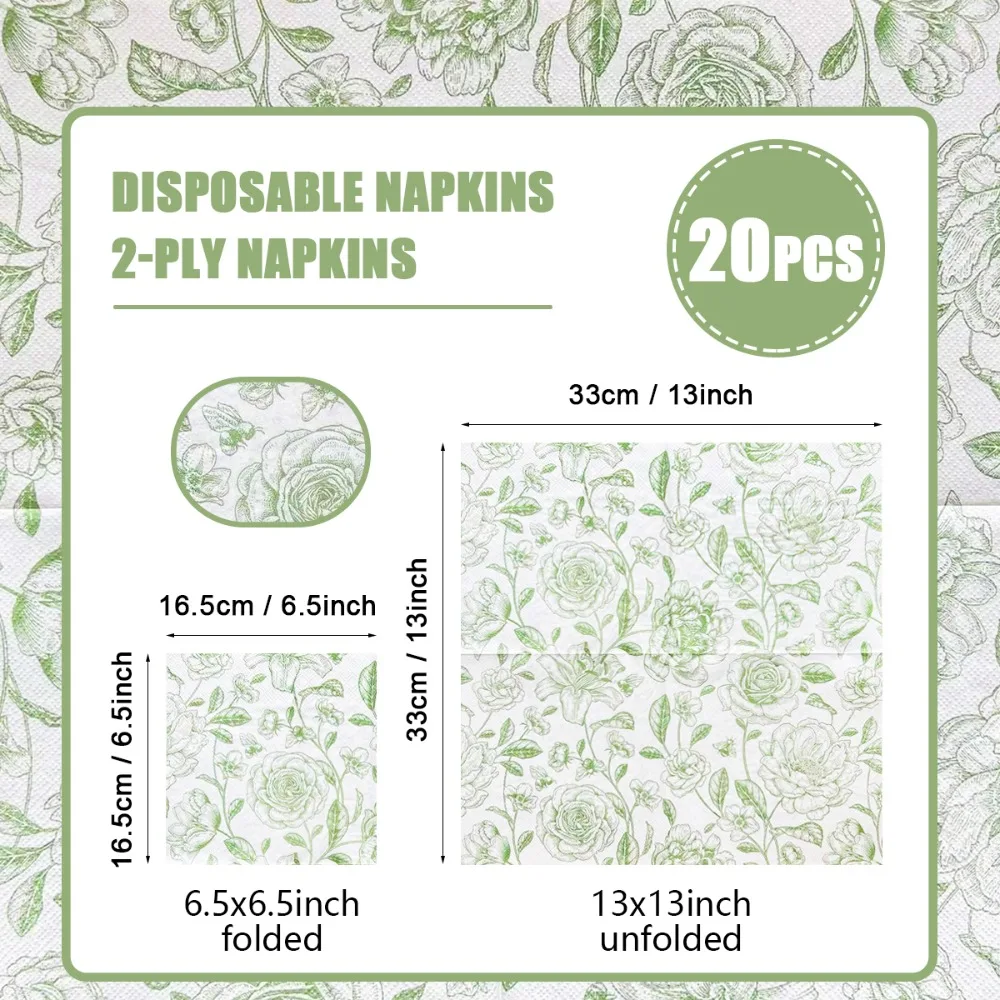 20pc/pac Vintage Rose Elegant Printed Napkins Green Fresh Table Mats Tissue  Party Decoration Paper Napkins Kitchen Supplies