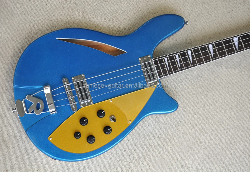 Flyoung factory Metal Blue Electric Bass Guitar 4 Strings Bass Semi-Hollow Body