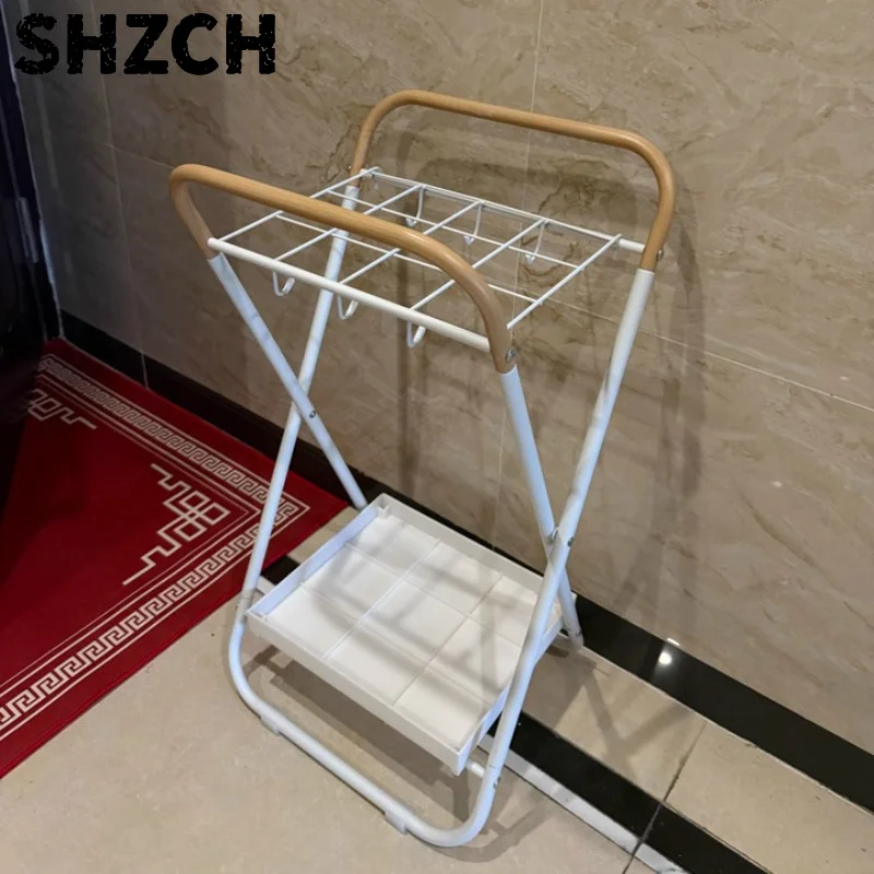 Wall Mounted Iron Hook Rack, ‌Minimalist Umbrella Stand, Heavy Duty Folding Shelf, Adjustable Floor Storage with Drip Tray