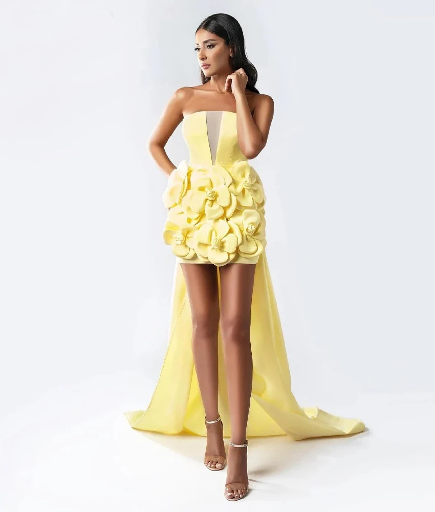 

Customized Sexy Jersey Straight 3D Flowers Evening Dress High Quality Strapless Sleeveless Floor Length After Party Dress