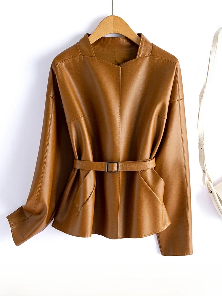 

Women's ort Loose Fitted Belted eepskin Leather Jaet Spring Autumn New Korean Sle Ning High-End Feeling