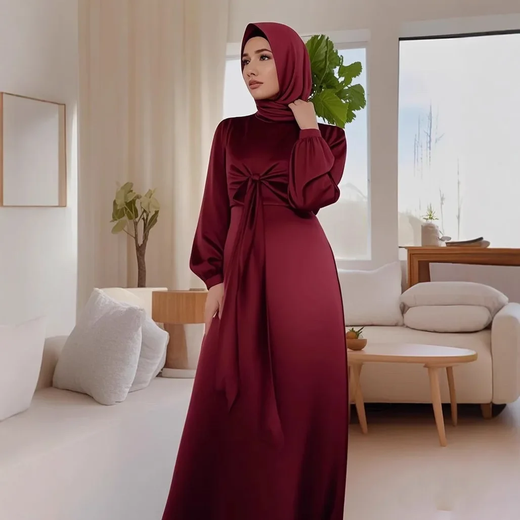 

Eid Mubarak Satin Muslim Hijab Dress Ramadan Abayas for Women Dubai Luxury Abaya Dresses Turkey Islam Kaftan Vestidos Musulmanes