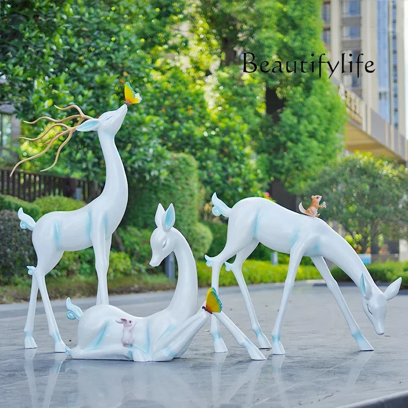 Abstract FRP landscaping outdoor large-scale sculpture garden lawn landscape decoration white deer ornament