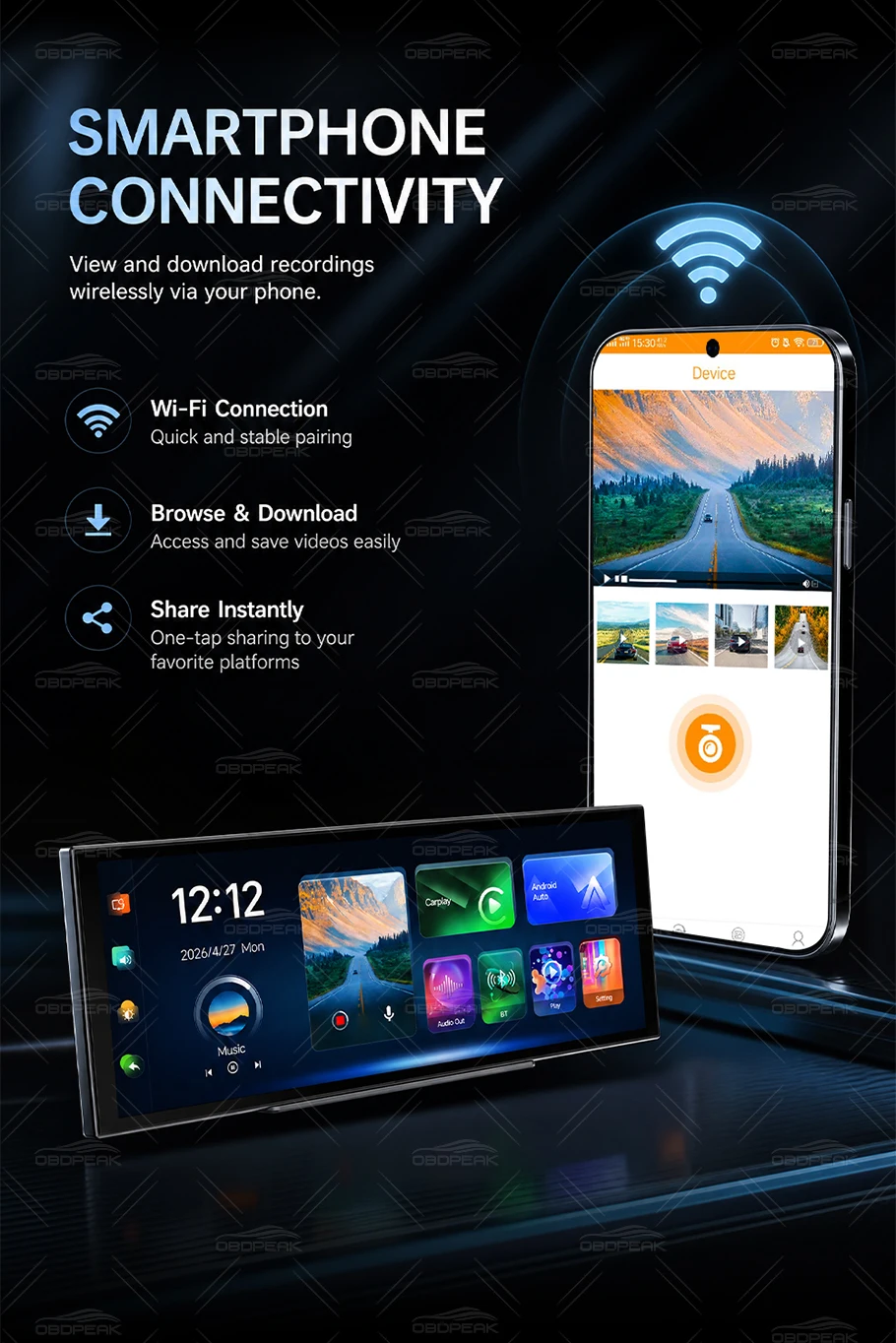 OBDPEAK K9 Max 12,3 Zoll 4K Dashcam Kabelloses CarPlay & Android Auto GPS-Navigation Touchscreen Auto-DVR-Kamera Videoaufzeichnung – Detail 15