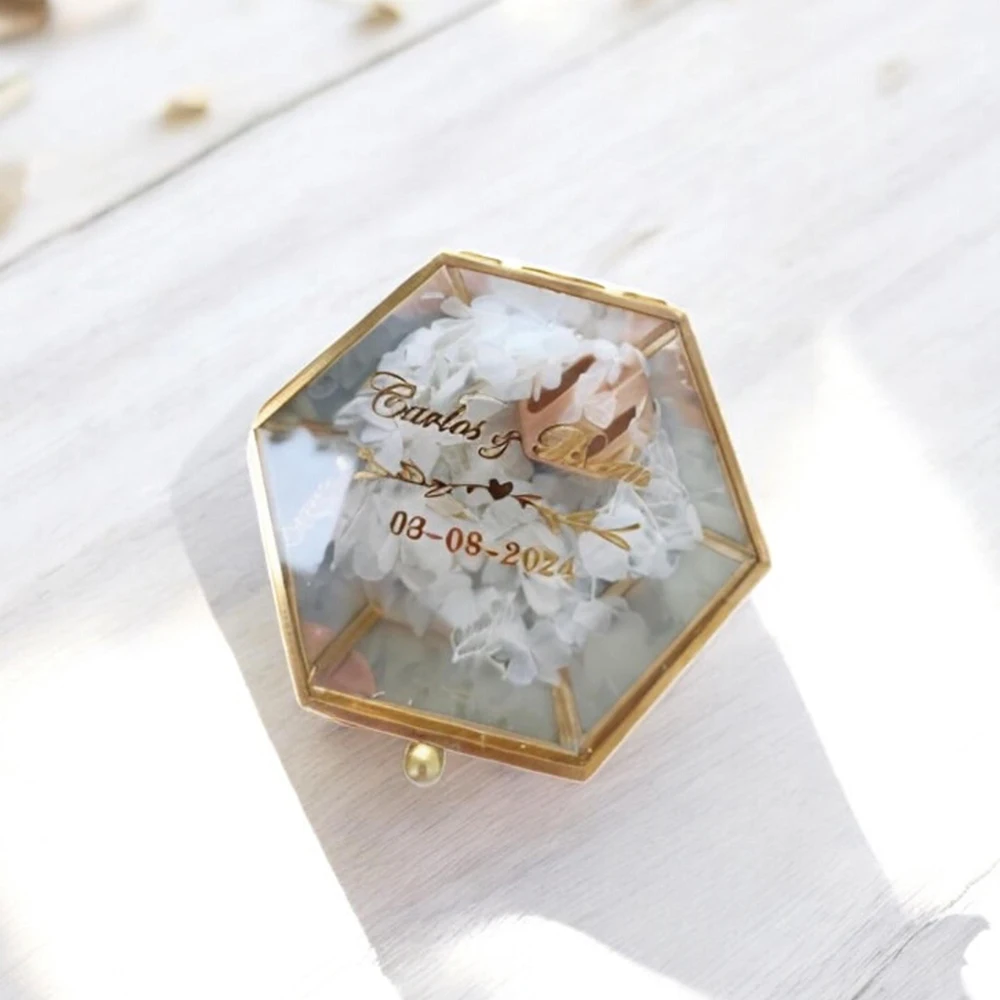 

Custom Hexagonal Glass Ring Box Geometrical Clear Jewelry Storage Box Eternal Flower Ring Holder Personalized Wedding Decoration