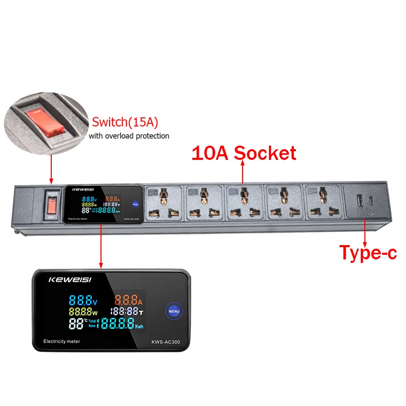 Imagem -03 - Tira de Energia Lcd Digital com Interruptor Voltímetro Amperímetro Voltímetro 10 Tomada Universal Usb Tipo-c Interface C14