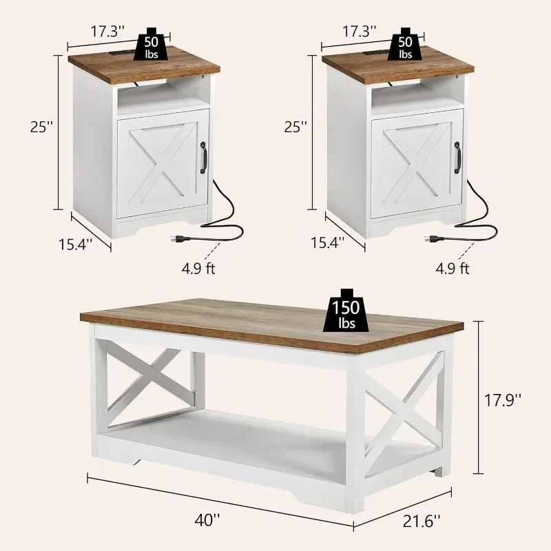 LUXOAK 3-Piece Farmhouse Living Room Table Sets, Includes 1 x Coffee Table, 2 x End Tables with Charging Station & USB Ports