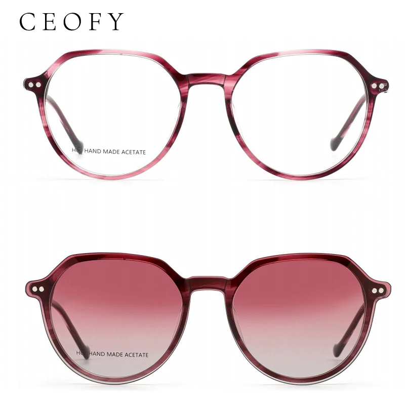Ceofy Acetate Men Women Fashion Red Glasses Frame Retro Polarized Sun Clip Magnet Optical Sunglasses Prescription Eyeglasses