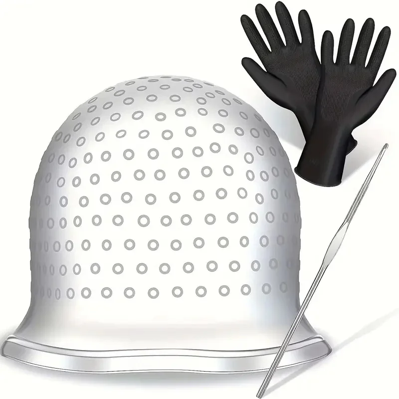 

Многоразовая силиконовая шапочка для мелирования волос и крючок с черными перчатками — легкое и удобное применение окрашивания волос