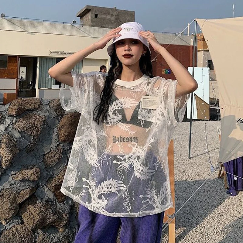 ขนาดใหญ่แขนสั้นO-คอเสื้อยืด 2025 ฤดูร้อนใหม่เซ็กซี่พิมพ์Hollow Out Top Teeเสื้อผ้าผู้หญิงแฟชั่นTshirt