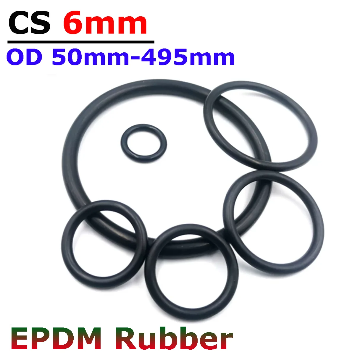 EPDM Rubber O Ring Cross Section CS 6mm OD 50-495mm Acid Alkali Water and Friction Resistance O-Ring Seals Sealing Washer Gasket