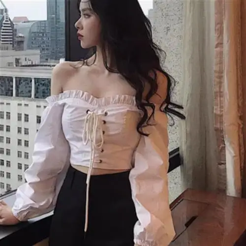 

Корейский Sle Sexy Pure Desire ort Sve Long Sve One oulder Design Slim Fit Bone Loing Top для Universal G