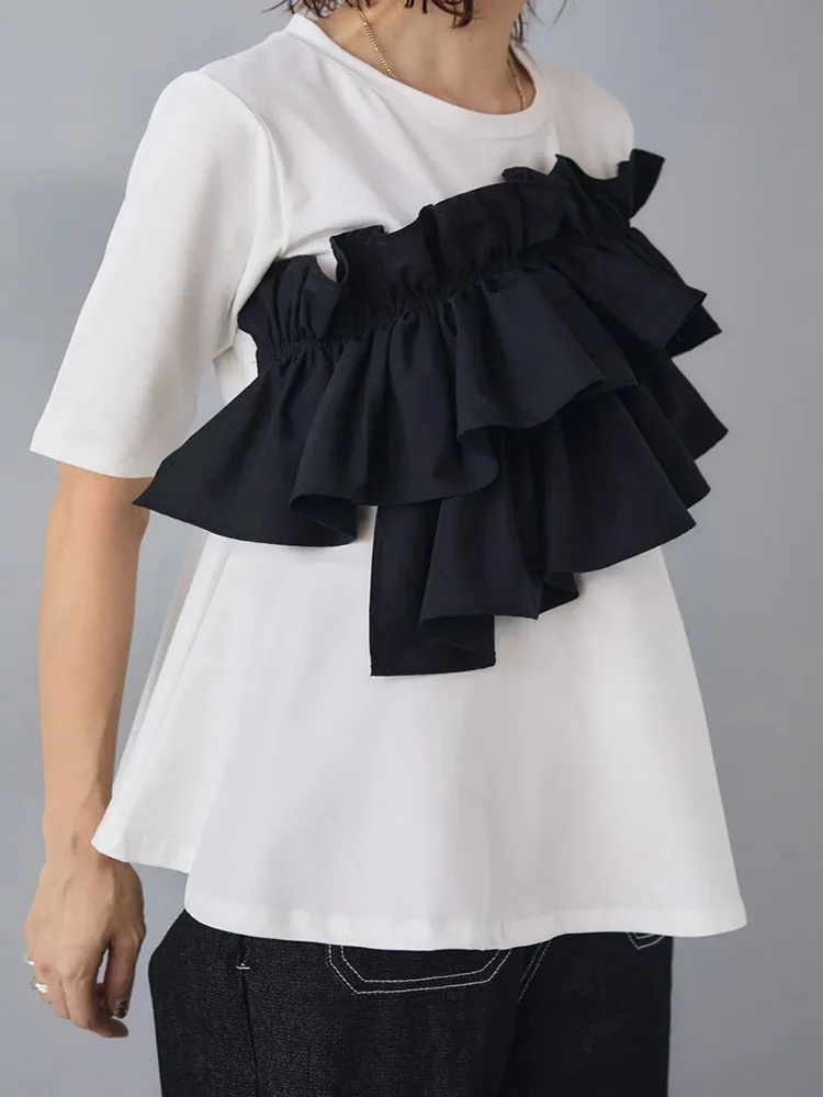 heavy industry ruffle edge pleated splicing short sleeved T-shirt top doll shirt summer Tees