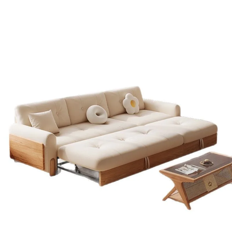 Red oak, folding dual-purpose, multi-functional living room small apartment, straight row log wind sofa bed