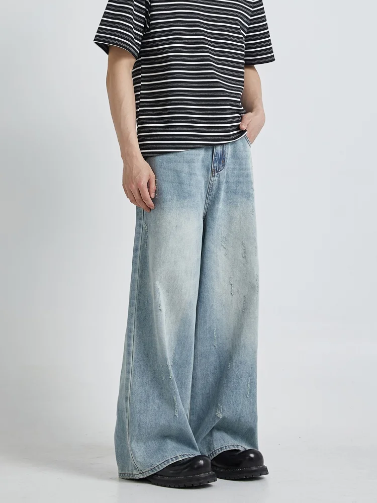 الرجعية الأمريكية Waed الرجال مستقيم الساق واسعة الساق الجينز الصيف جديد Sle التخسيس فضفاض ثنى الطابق طول الدنيم السراويل