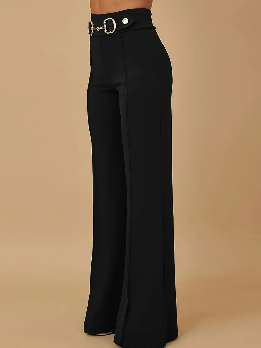 Elegant Black Wide Leg Trousers for Women High Waisted Formal Office Pants with Gold Buckle Straight Zipper Fly