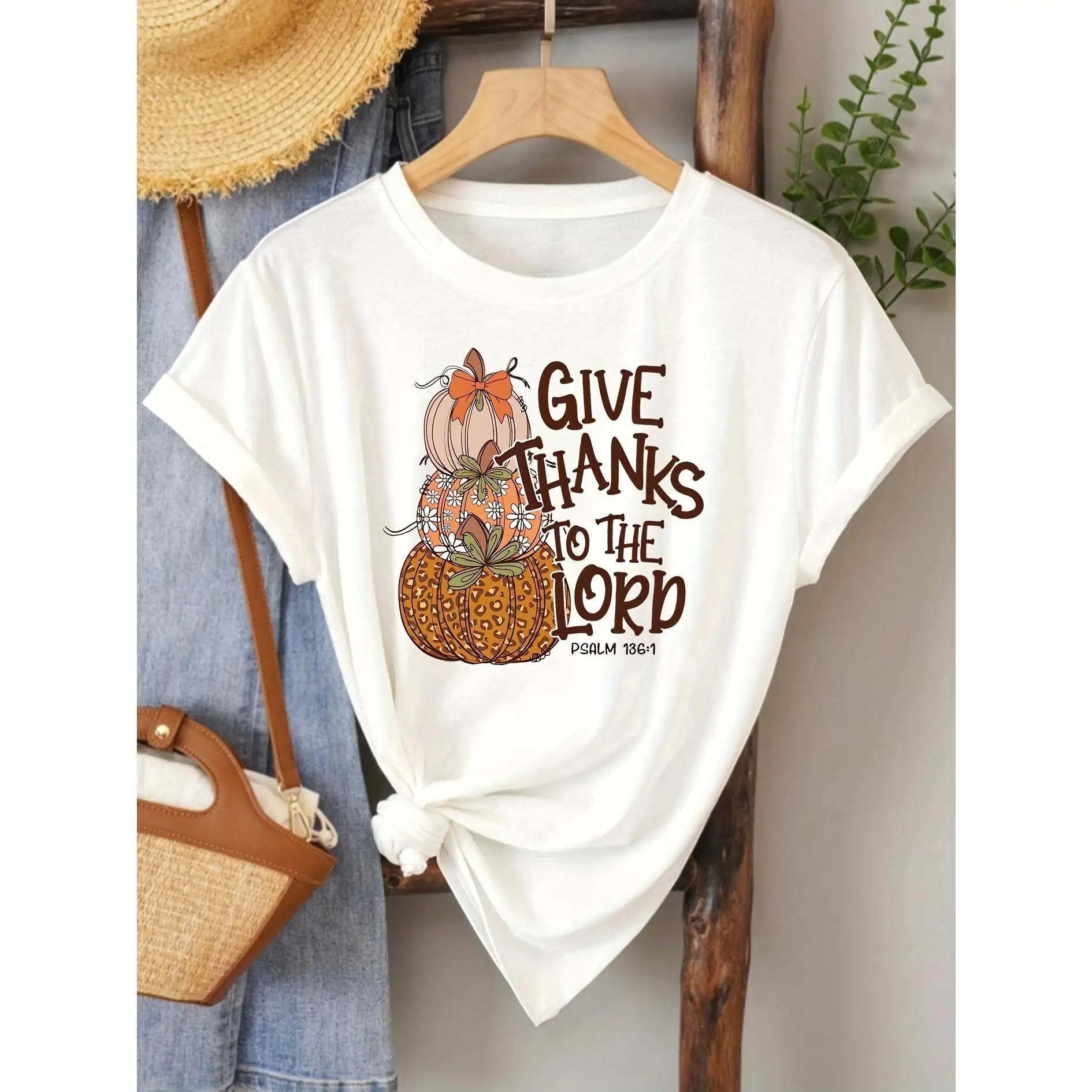

Women's Thanksgiving T-Shirt, Give Thanks to the Lord Print, Religious Pumpkin Graphic Tops, Casual Fall Outfit
