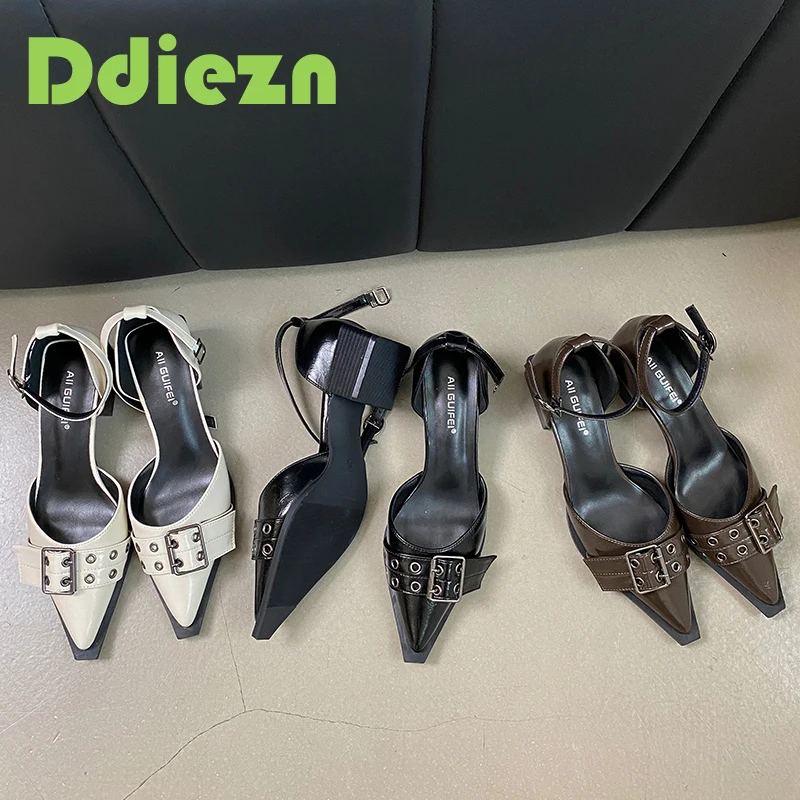 Pointed Toe Pumps Women Square Heels Shoes Fashion Luxuy Footwear Female Ankle Strap Shoes Ladies High Heels Sandals 2024