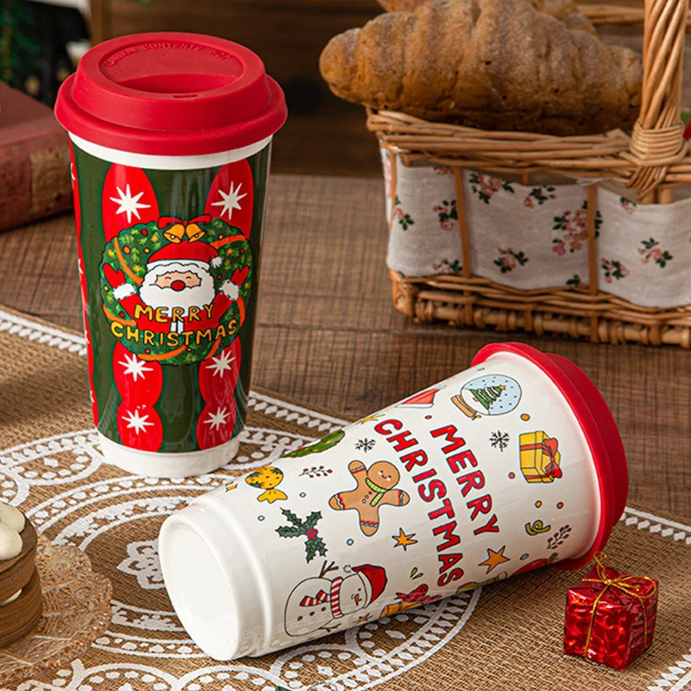 Christmas Ceramic Mug Coffee Cup with Silicone Lid and Gift Box Latte Mug Here Comes Santa Claus Gifts for Kids Mom Lovers 580ml