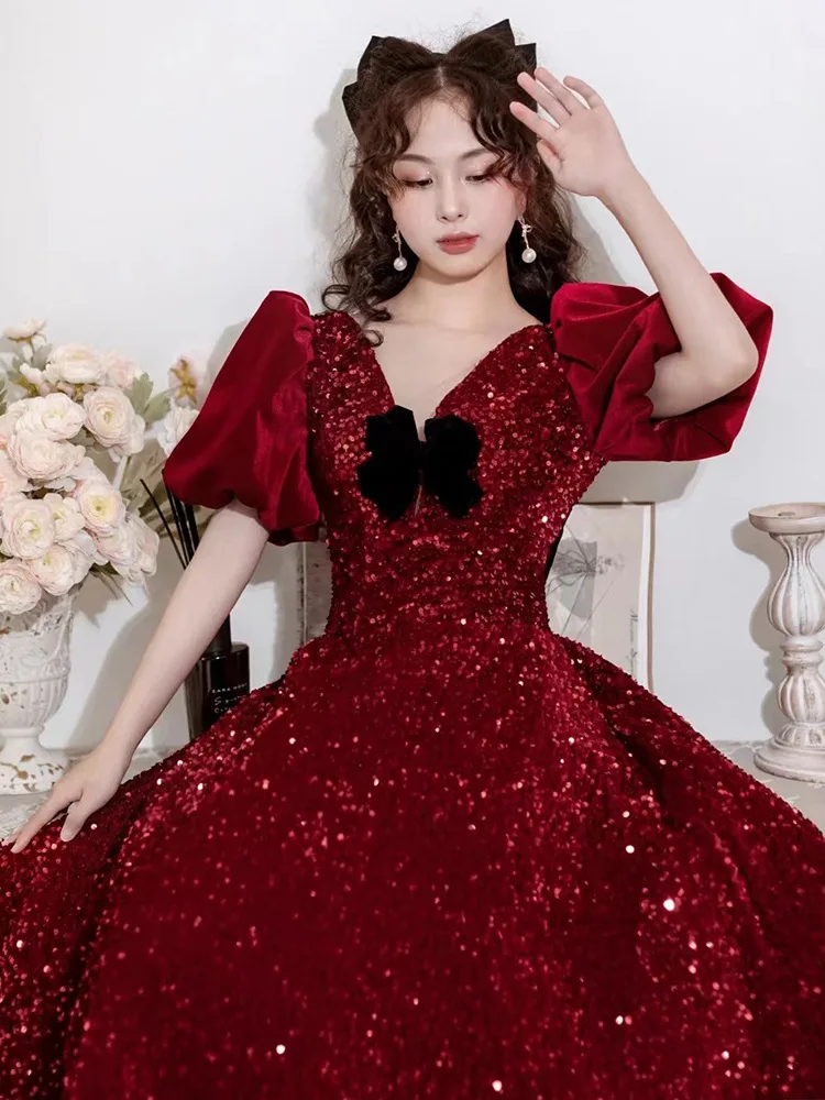 Women's Luxury Bubble Sleeves Sequin Evening Dress Princess Birthday Banquet Bridal Engagement Dress Appreciation Toast Dresses