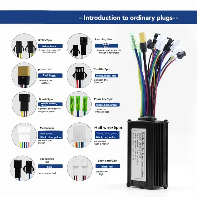Ebike 3 Mode 24V 36V 48V 15A Sinewave Controller 6 Tubes For 250W-350W Motor Electric Scooter Parts Ebike Controller
