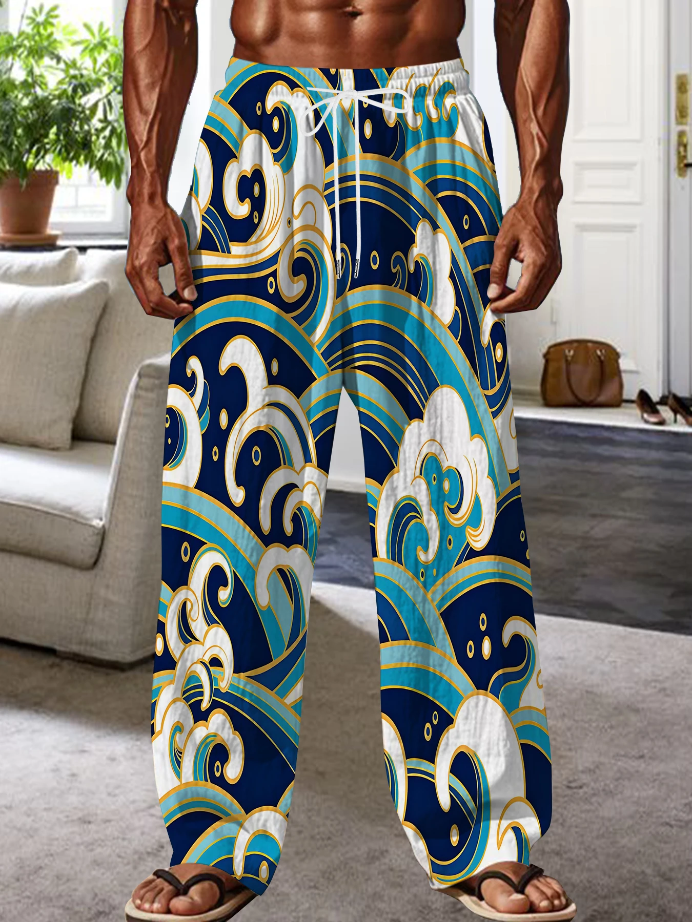 

2026 Men's Printed Straight Leg Pants Abstract Wave Design Drawstring Waist Loose Fit Summer Beach Casual Lightweight Trousers