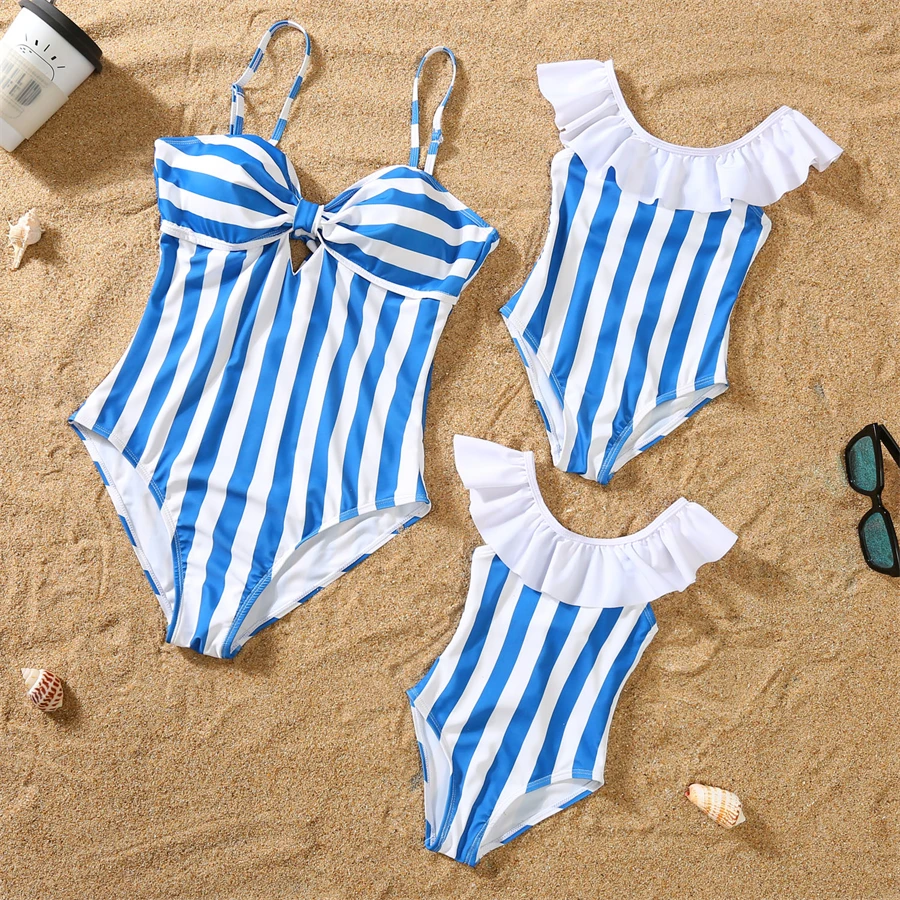 Striped Family Swimsuits One-Piece Mother Daughter Matching Swimwear Mommy and Me Bikini Dresses Clothes Father Son Swim Shorts