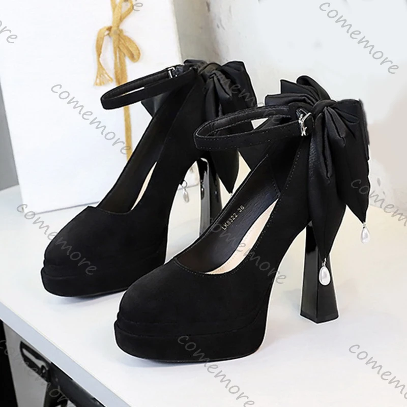 

Comemore Модные женские туфли-лодочки на очень высоком каблуке 11,5 см, туфли с ремешком на щиколотке и бантом, жемчужно-черные замшевые весенние одинарные туфли с неглубоким носком