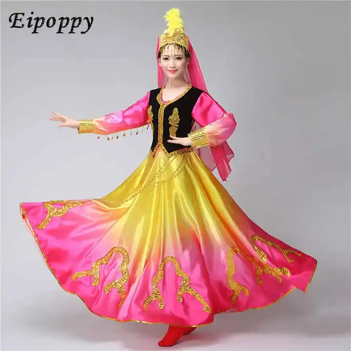 Xinjiang Kostuums Nationale Kostuum Opening Swing Rok Uygur Dance Wear Dames Dansrok Vierkant Kostuum