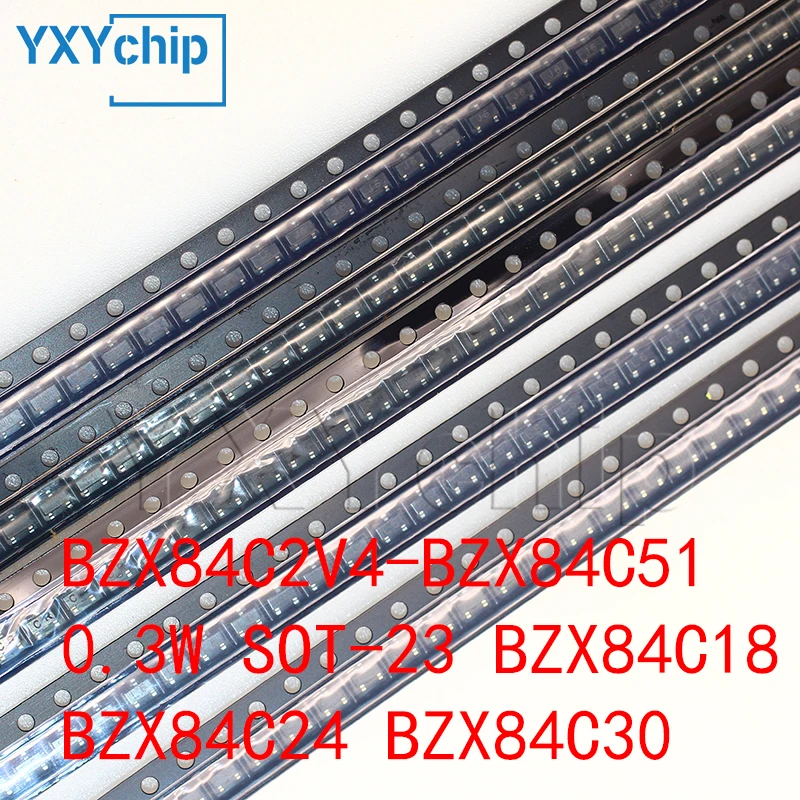 33 Values 0.5W SMD Zener Diode Assorted Kit BZX84C2V4-BZX84C51 0.3W SOT-23 BZX84C18 BZX84C24 BZX84C30