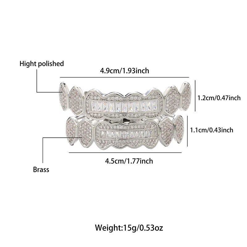 Hip Hop Full CZ Baguette Stones Teeth Grillz Caps Cubic Zircon Iced Out Micro Pave Top&Bottom Charm Grills For Men Women Jewelry